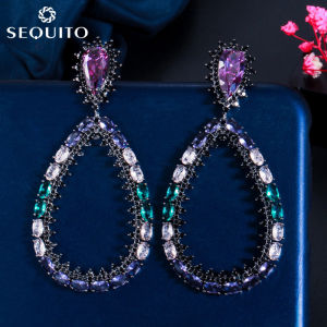 SEQUITO Boho Exaggerated Multicolor Cubic Zirconia Long Tear Drop Pendant Earing for Female Cocktail Retro Vintage Jewelry SE371
