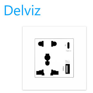Delviz EU standard 86mm*86mm wall-mounted power node USB socket universal 5-hole PD18W 3100mA fast charging 1A/1C socket.