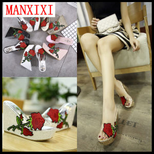 MANXIXI Brand Korean Version Slippers Rose Embroidery Pattern Fashion Wedge Sandals 4.33 Inches High Heels Shoes For Women (34-40 Size)