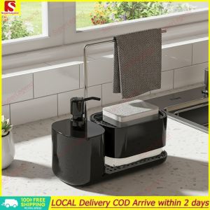 Stylish Bathroom Soap Dispenser with Soap Dish and Towel Rack in Chrome Finish