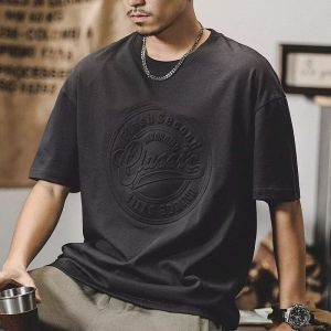 工厂直销潮牌美式重磅纯棉双纱立体字母短袖T恤男宽松大码夏季潮