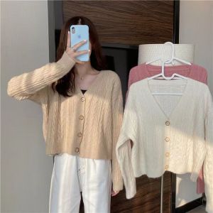 Lengan Panjang Atasan Rajutan Lembut Sehari-Hari Kardigan Wanita Korea V-Neck Sweater
