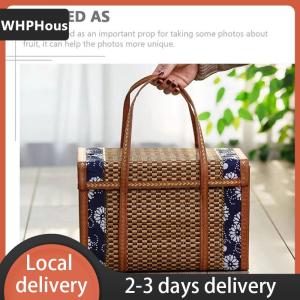 [COD] WHPHous Ship within 24 hours Folding Bamboo Woven Fruit Basket Handheld Handle Fruit Shopping Food Basket Picnic Food Storage Basket For Outdoor