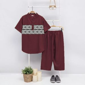 Setelan Koko Anak Motif Batik Polimicro Hijau/Hitam/Olive/Merah untuk Usia 6-9 Bulan