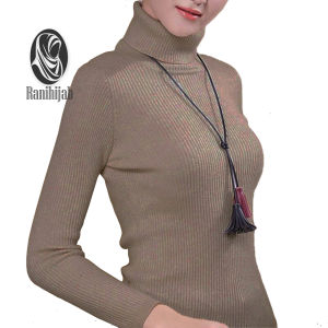 RANIHIJABTAS sweater baju rajut wanita turtle neck kerah tinggi polos garis salur lengan panjang terbaru tebal nyaman