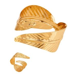 2PCS Fashionable Womens Accessory Geometric Leaf Shaped Cuff Bangles and Opening Ring Set Party Wear Accessories