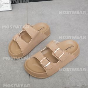 Mostwear Casual Canvas Strap Soft Sole Beach Slippers With Bucke Adjustable Two Strap For Womens Footwear (standard size +1 for wide feet)