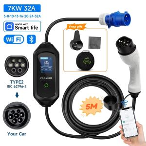 AFEEV 32A 7.2KW Portable EV Charger Type2 Type1 Electric Vehicle Charger GB/T EVSE Charging Cable Wi-Fi Bluetooth APP Control