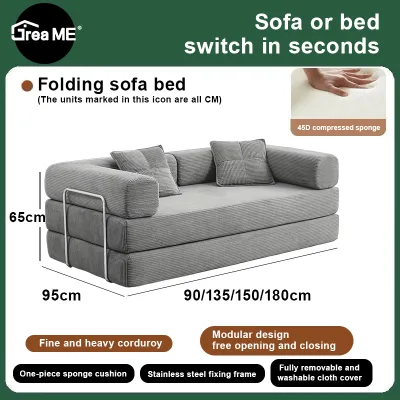【COD】Dreame Compression Sofa 72Convertible Floor Sofa Bed with Pillow Back Support Armrest 0.9/1.35/1.5/1.8M Comfy Foldable Sofa Bed Compressed Sofa in Box Corduroy Fabric for Living Room Bedroom