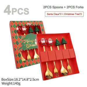 4Pcs Christmas Spoon Fork Set Coffee Spoon with Gift Box/Holiday Party Table Tableware/Gingerbread Man & Xmas Tree Santa Christmas Gifts