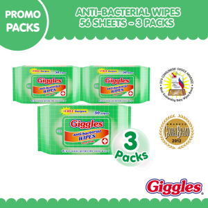 Giggles Anti-Bacterial Wipes 56 Sheets (3 Packs) – Multipurpose Disinfectant Sanitizing Moisturizing & Travel Pack