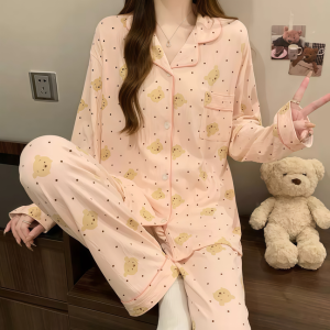 Womens Cute Bear Print Pajamas Set  Breathable & Comfortable Long Sleeve Loungewear