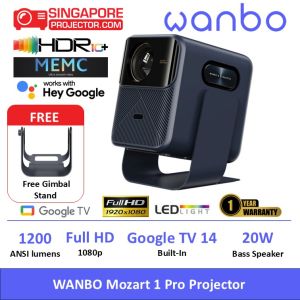 WANBO Mozart 1 Pro Projector | Google TV 14 | Full HD 1080p (1920×1080) | 1200 ANSI Lumens | 20W Bass Speakers