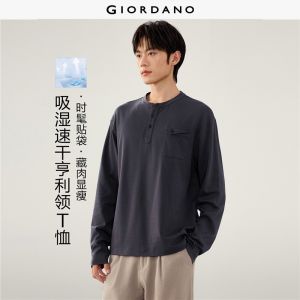 Giordano Beau Monde Men Henley neck mule ear pocket long sleeve tee Free Shipping 13026610