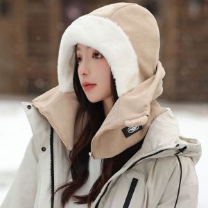 OQEWPI หนาขึ้น หมวกไหมพรมฤดูหนาว ขนยาวขนยาว กันลม หมวกแบบสวมหัว นุ่มนุ่มๆ ซิปมีซิป ผ้าพันคอผ้ากำมะหยี่ สำหรับผู้ชาย