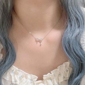 VGMJ Clavicle Chain Silver Bowknot Necklace Jewelry Accessories Love Heart Pendant Bow Necklace Pendant Temperament Rhinestone Simple Pendant Chain Girls/Women