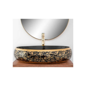 Classica Italiano Wastafel meja Oval hitam motif ornamen klasik emas