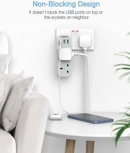 TESSAN USB Plug Extension Wall Charger Multiple USB-C Socket Multi Plug 13A 3250W Kitchen Extension Socket USB Charger with 2 Outlet and 3 USB Charging Ports Phone Charger for Office Home Travel