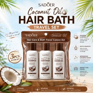 SADOER Nourishing Coconut Oil Hair Care & Bath Travel Set – Shampoo Hair Mask & Shower Gel 50ml (3-Piece)