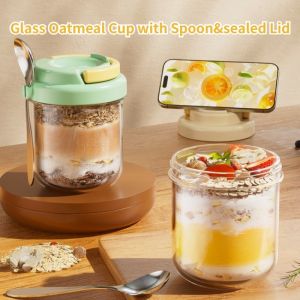 1/3Pcs Glass Oatmeal Cup with Spoon&sealed Lid Portable Yogurt Cereal Salad Container Breakfast Cup 430ML