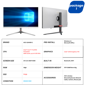 AOC A24A99-1 AIO All in One Desktop PC Computer 24 inch PC Full Set Intel Core i7 12th/13th Generation processor 16G RAM 1TB SSD Built-in bluetooth、WiFi、speaker For Home/Office/Gaming 1920*1080 Large IPS FHD Monitor