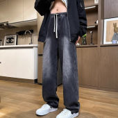 Mens denim pants American high street luxury jeans loose straight leg pants trendy wide leg pants casual versatile pants