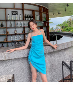 IELGY Womens clothes casual beach vacation fashion dress solid color suspenders all-match mid-length