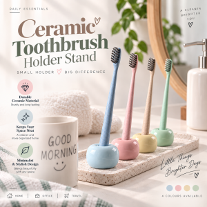 AMKado Seramik Tahan Lasak Pemegang Berus Gigi Ceramic Toothbrush Holder Base Bathroom Compact Hygienic Drainage Easy Clean Glazed Ceramic Stand Space Saving For Family Home Office Dormitory Hotel 陶瓷漱口架 AMK