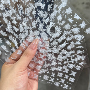 ZEEMIN 6pcs/set White Butterfly Flower Nail Sticker 3D Bronzing Effect Ribbon Bows Nail Decals Self Adhesive Floral Manicure Slider Dec