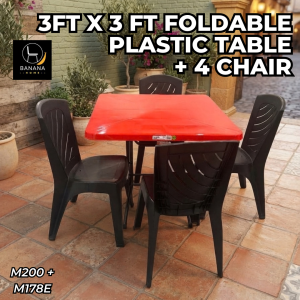 SET MEJA LIPAT 3x3 KAKI + 4 KERUSI PLASTIK SANDAR | MEJA MAKAN / RESTORAN / GERAI M200 + M178E