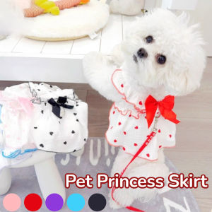 Cute Pet Dress Heart Print Pattern Sweet Bow Light and Breathable Summer Cat and Dog Clothes with Tow Rings