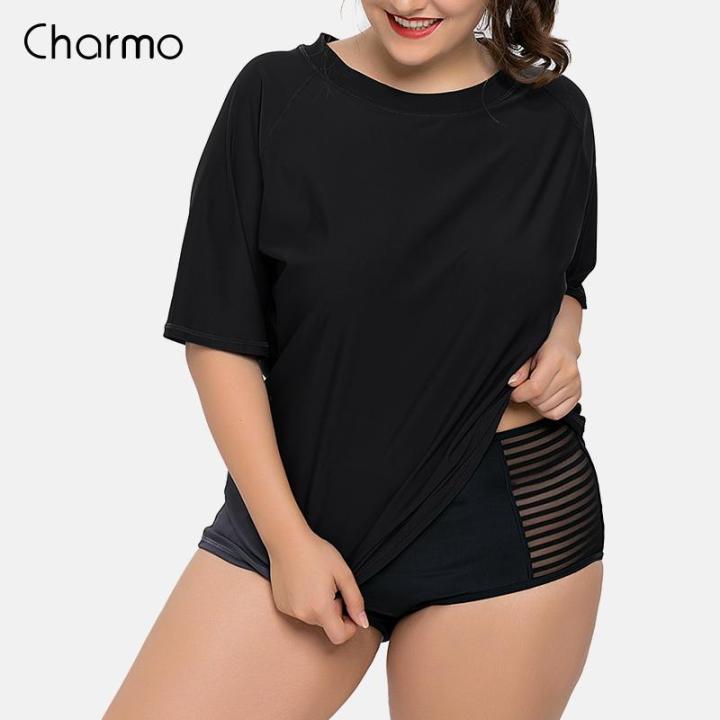 Charmo Women's Short Sleeve Rashguard Swimsuit Shirts UPF 50+ Women Plus  Size Fat Size Swimwear UV-Protection Rash Guard Solid Beach Wear