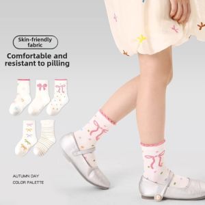 UNIITY 5 Pair Set Nơ xếp ly Tất trẻ em Bông In họa tiết Tất cổ chân cho bé gái Dễ thương Thoáng khí Tất ống ngắn Trang phục hàng ngày