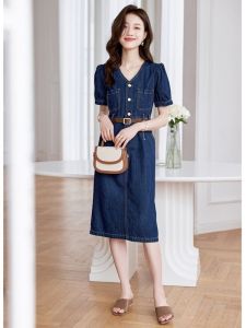 Fashion short-sleeved denim dress womens new bubble-sleeved cow Korean version fashion casual waist and thin denim dress