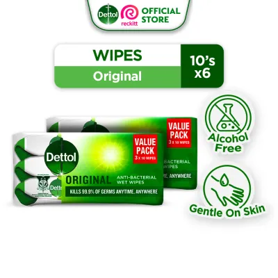 Bundle of 6 Dettol Antibacterial Wipes Original Wet Tissue 10s