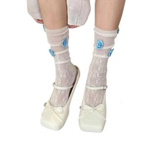 ถุงเท้าตาข่ายปักลูกไม้ลายดอกไม้ตาข่ายเนื้อลูกวัวตรงกลางระบายอากาศได้ดีถุงเท้ายาวตาข่าย3D ยืดได้ลายดอกกุหลาบสำหรับผู้หญิงเด็กผู้หญิง