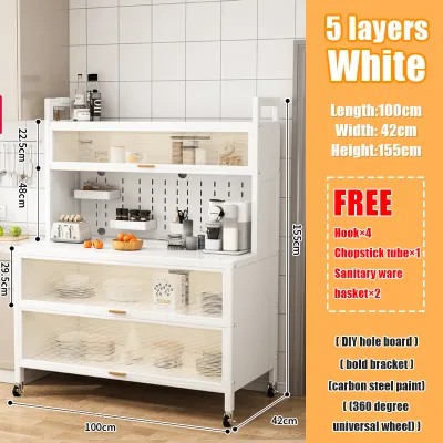 5- and 6-tier movable kitchen cabinet shelf microwave oven rack available in white/black with wheels