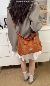 ALO Yoga Suede Hobo Shoulder Bag for Women Embroidery Logo Retro Crossbody Handbag Dual Front Zipper Pockets Side Slip Pockets Double Leather Straps Large Capacity Casual Commute Shopping Bag