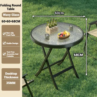 JIAJU Elegant Round Folding Dining Table Durable Tempered Glass Iron Frame Portable Shatterproof Thickened Desktop Coffee Table Balcony Household