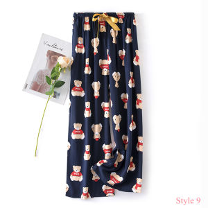 Womens Floral Printed Loose Wide-Leg Pants Ladies Elastic Waist Casual Korean Style Home Wear Girls Cartoon Soft Fashion Trousers Sister Outfit Outer Pants