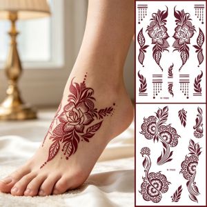 PHANT Legs Arm Henna Tattoo Stickers Red Mehndi Stickers Lace Fake Tattoo Temporary Tattoo Fashion India Flower Body Art Sticker Women/Lady