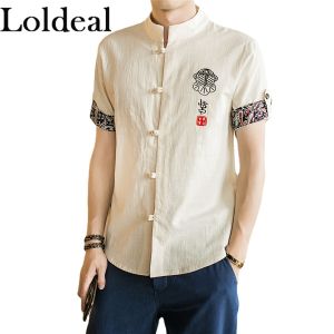 Loldeal Áo Sơ Mi Tay Ngắn Phong Cách Trung Quốc Cổ Đứng Thêu Nút Mềm Vải Lanh