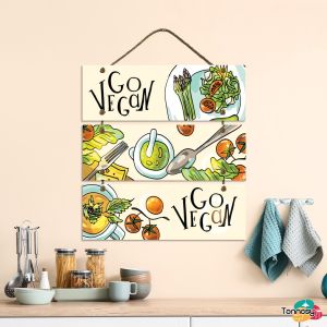 TENNESY Hiasan Dinding Dapur Go Vegan Food 3 Susun Dekorasi Dinding Dapur Kitchen Pajangan Kayu Poster Dekorasi Rumah