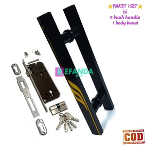 lock body rumah kunci dan 2 buah gagang tarikan handle pintu rumah model baut tembus panjang 33cmd an 45cm untuk daun pintu 1 pintu depan dan kamar