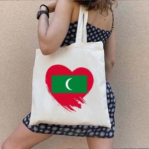 Vintage Summer Beach Holiday Maldives Maldivian Flag Love Heart Shoulder Canvas Totes Bag Shopping Summer Beach Shopper Handbags