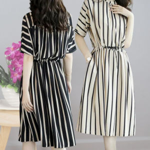 Beautiful striped dress 2024 Korean version lace up waist cinching loose skirt summer mid length plus size womens clothing