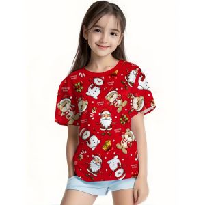 [Local Stock] ZEEMIN 2025 T-Shirt for Girls 3D Printed Christmas Featuring Santa Claus Short Sleeve Round Neck Casual Christmas Clothes for Girls Top