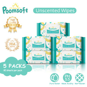 Poomsoft 80 Sheet x 5 Packs Non-Alcohol Unscented Safe For Baby Gentle Wipes Wet Tissue Disposable Cotton Wipes FDA Certification