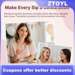 【ZTOYL】 Pink Bow Glitter Straws for Kids Birthday Party Wedding Home Decor Reusable Drinking Straw Set