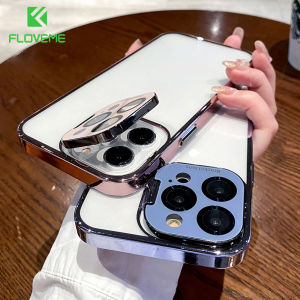 FLOVEME Folding Lens Bracket Stand Holder Clear Phone Case For iPhone 14 13 Pro Max Plating Transparent Invisible Lens Bracket Camera Protection Acrylic Hard Shockproof Back Cover For iphone 14 13